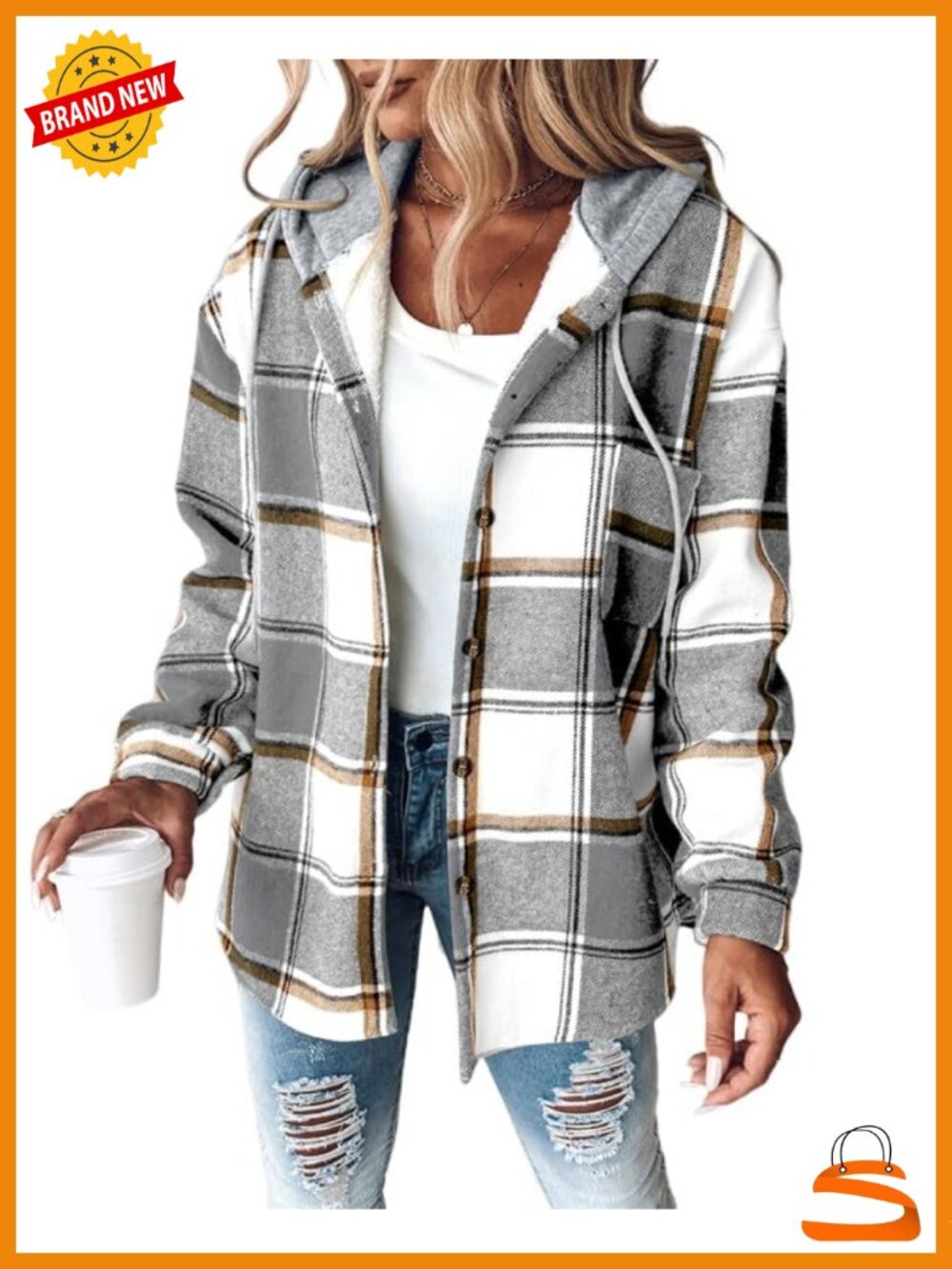 Plaid Hooded Fleece Lined Shacket Button Down Long Sleeve